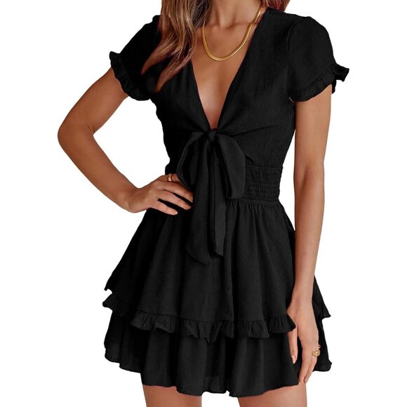 Women Summer Short Dress V Neck Short Sleeve Tiered Mini Beach Vacation